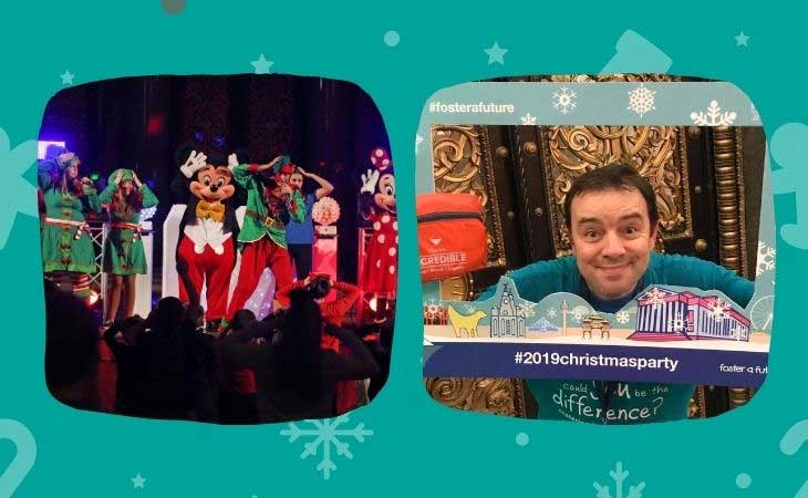 A christmas party collage showing Phil and a selfie frame and disney characters