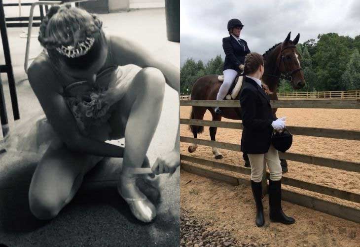 Collage of young person horse riding and dressed for ballet