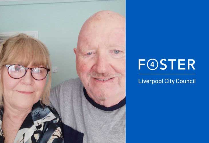 Foster carers Karen and James alongside foster 4 logo