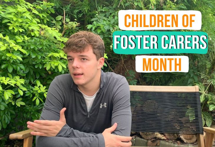 Foster carers son sitting with caption text Children Of Foster Carers Month