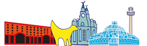 Liverpool landmarks illustration includes albert dock, super lambanana, liverbuilding