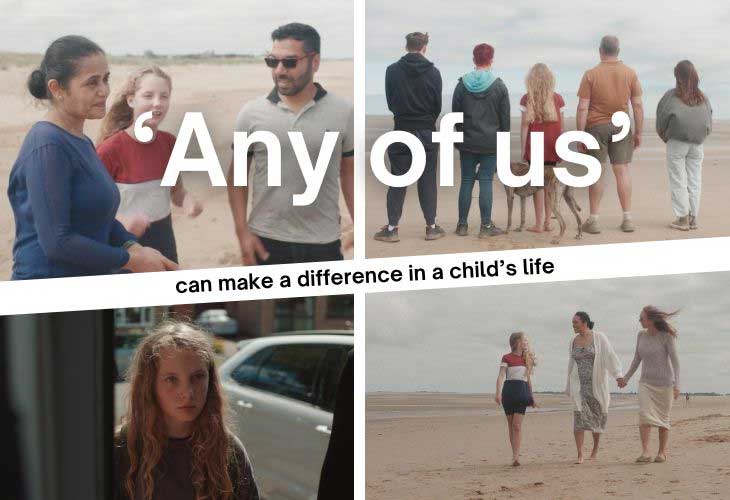 A collage of foster families interacting at the beach with the text Any of us can make a difference in a child's life