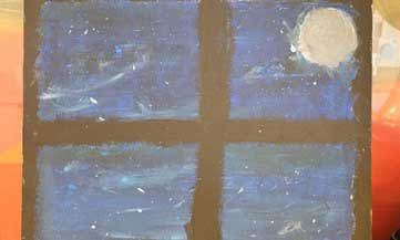 Childs painting of the moon outside a window